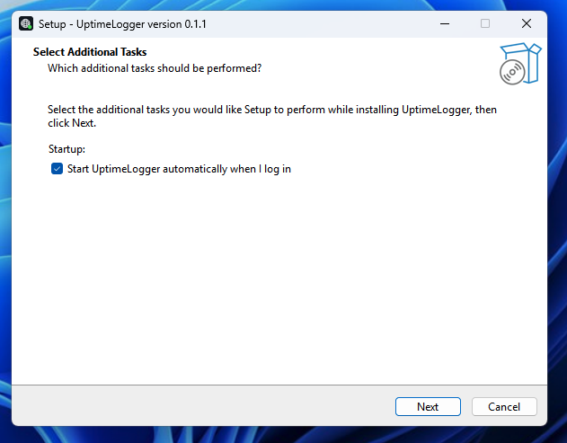 The installer's Additional Tasks page with the autostart checkbox ticked